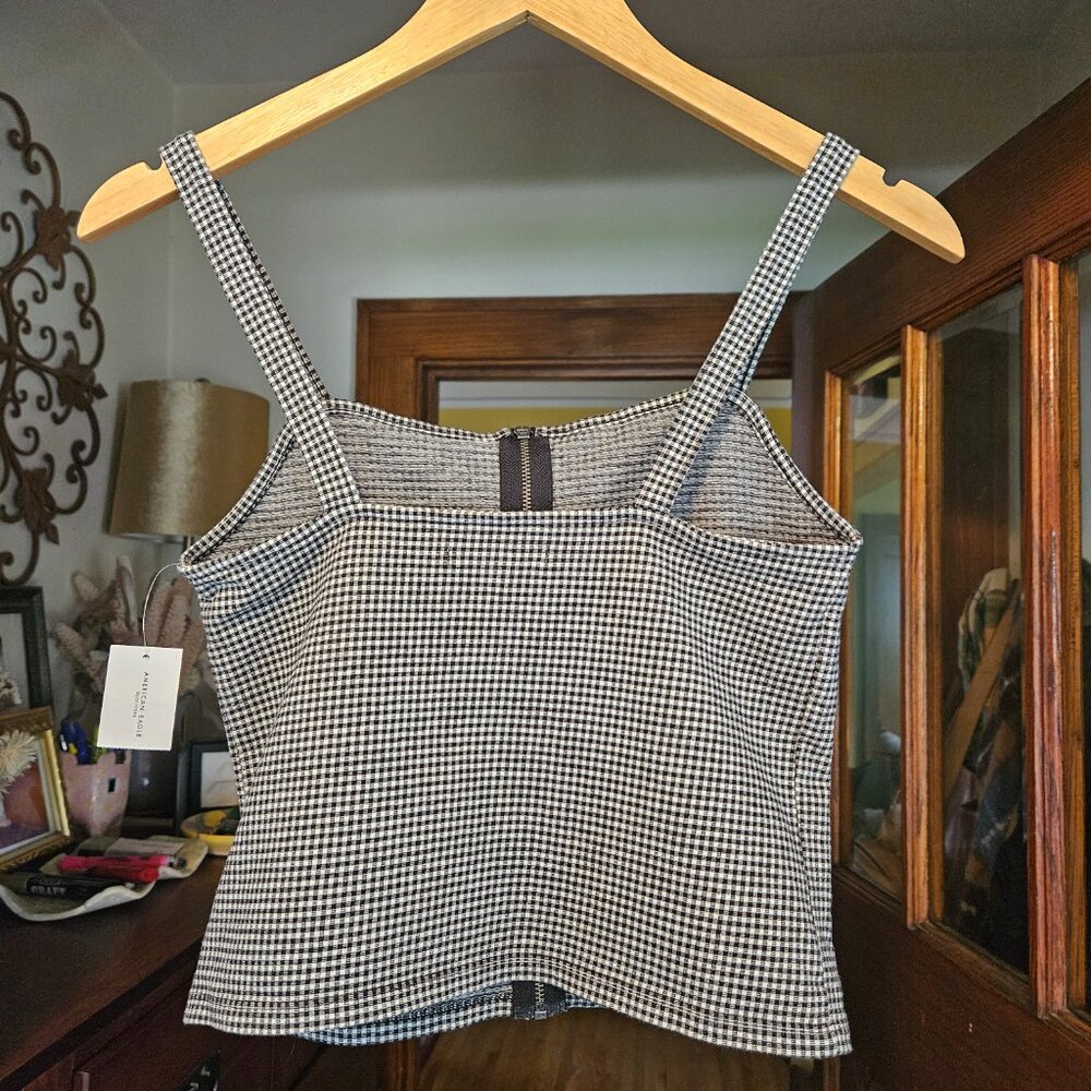 NWT American Eagle Black Checkered Crop Top Zip Up - Size Small